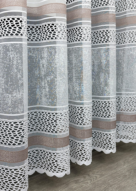 Короткий тюль VR-Textil 1940т Жаккард Белый с капучино 300х200 см (42-0913) Киев - изображение 7