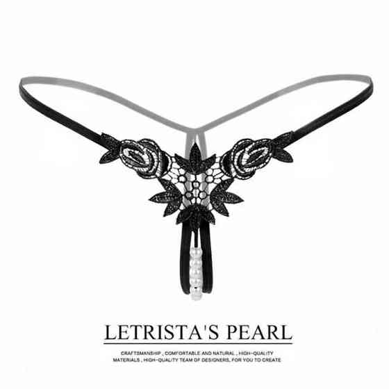 Стринги с бусинками и цветами - Чёрный - S/M – Эротическое бельё Винница