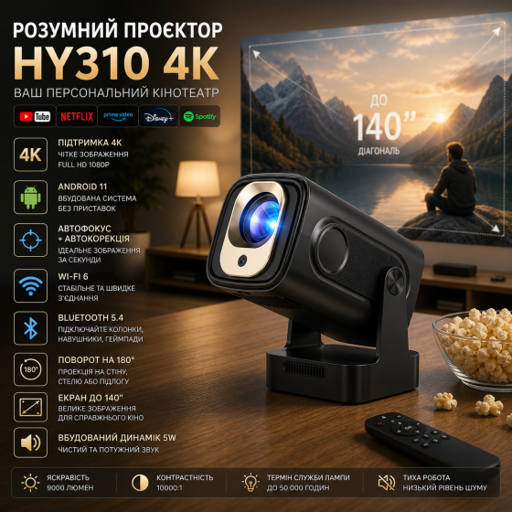 Видеопроектор Alwtniet HY310 4K Full HD Android 11. Ваш персональный кинотеатр с автокоррекцией и Wi-Fi 6 Киев