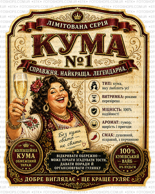 Етикетки на пляшку вина або ігристого для куми “Кума №1” | Прикольний подарунок кумі | Етикетка + контретикетка Одеса - фото 1