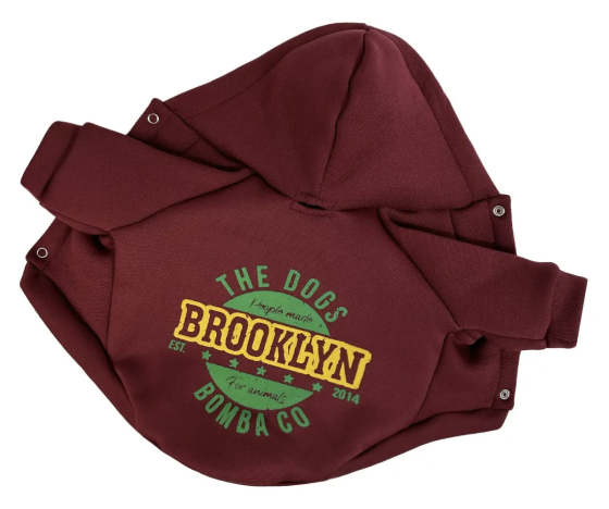Толстовка для собак малих і середніх порід на флісі з принтом Brooklyn з капюшоном на кнопках марсала Одеса