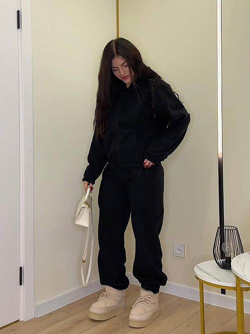 Женский теплый костюм двойка: худи и штаны двусторонний полар флис Черный, 44/48 Одесса - изображение 2