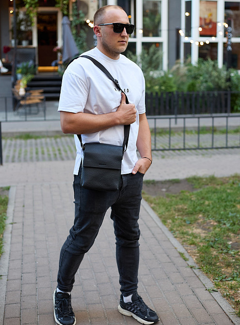 Кожаный мессенджер для мужчины 23х19х7, барсетка через одно плече, сумка для документов, черная Каменское - изображение 5