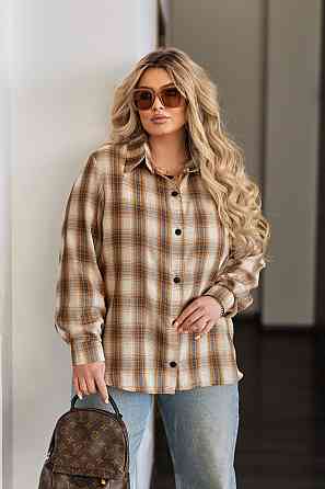 Жіноча сорочка в клітинку оверсайз "Wise" | Норма і батал Бежевий, 46-48 Київ
