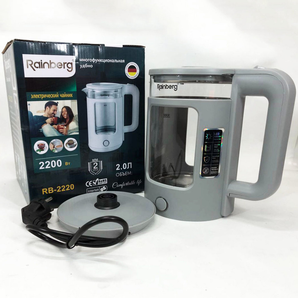 Електрочайник скляний з підсвічуванням потужний Rainberg RB-2220 2200 Вт 2 л, Потужний кухонний чайник OK-82 Львів - фото 7