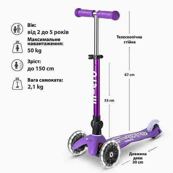 Самокат MICRO складаний серії Mini Deluxe Foldable LED – Фіолетовий Днепр