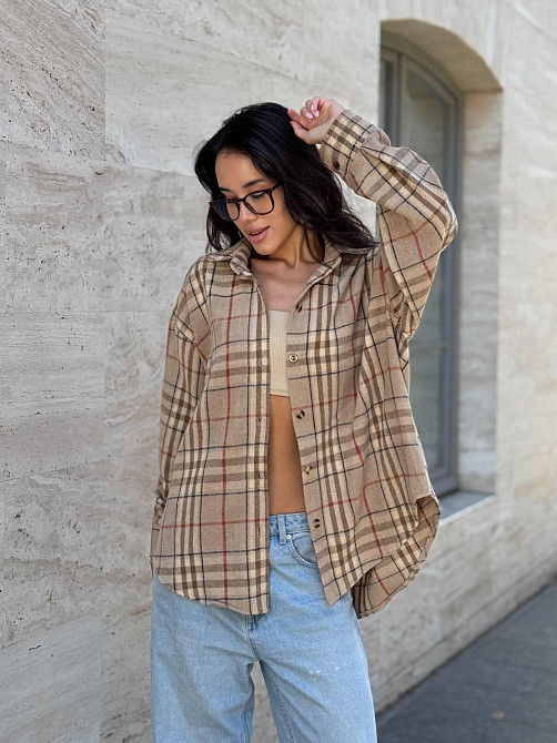 Женская теплая рубашка свободного кроя в клетку турецкая байка Бежевый, 46/48 Одесса - изображение 1