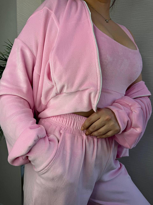 Женский стильный повседневный плюшевый костюм тройка Розовый, 46/48 Одесса - изображение 3