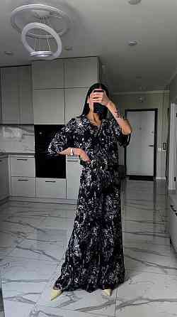 Жіночий легкий принтований костюм-трійка: хустка, сорочка та штани софт Чорний Одеса