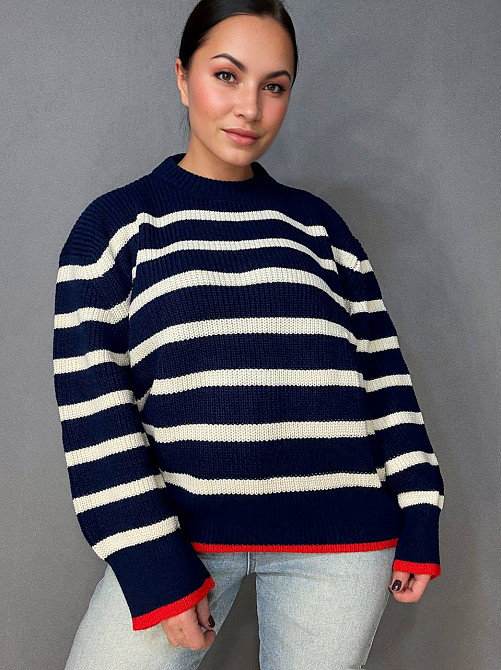 Светр жіночий MIX RAY 6635 смужка оверсайз подовжений вільний крій, темно-синій, one size Київ - фото 13