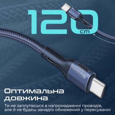 Дата кабель USB-C to USB-C 1.2m 60W PD FletchLink-CC blue Promate (fletchlink-cc.blue) Винница - изображение 6