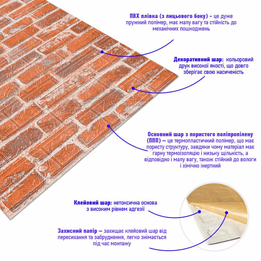 Самоклеющаяся 3D панель 19600х700х3мм Рыжий Екатеринославский Кирпич SW-00001370 Киев - изображение 3