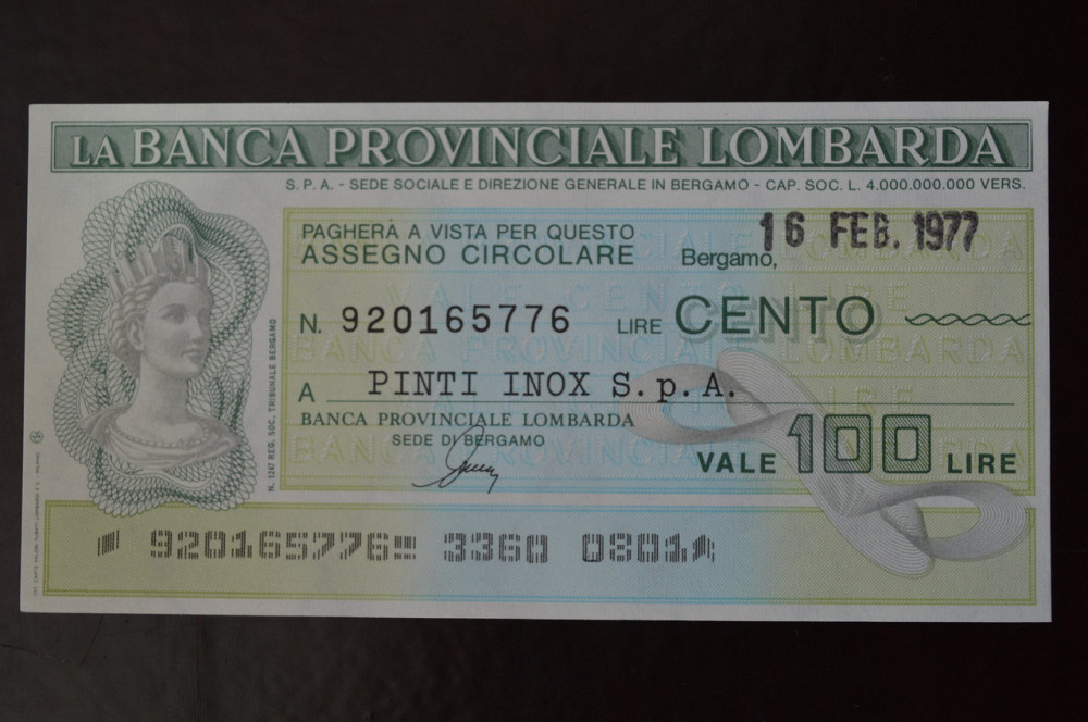 Чек. Италия 100 Лир 1977год (ЧК-1) ЛОТ 6 Полтава - изображение 1