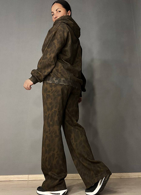 Костюм женский A-N 2749 леопардовый принт худи на молнии с капюшоном и брюки палаццо коричневый, коричневый, L Киев - изображение 6