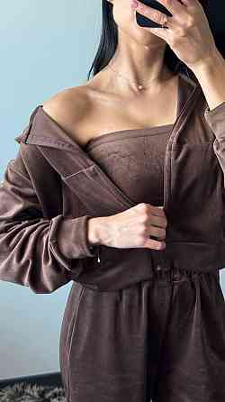 Жіночий плюшевий прогулянковий костюм-трійка: кофта топ і штани велюр Шоколад, 42/44 Одеса