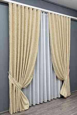 Комплект штор VR-Textil Льон Мармур 150х270 2шт і Тюль 400х270 1909ш-115т Кремовий з білим 71-129/3 Київ