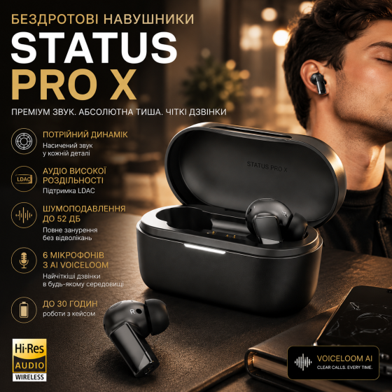 Бездротові навушники Status Pro X Black потрійний динамік LDAC Hi-Res шумозаглушення 52 дБ Bluetooth 5.3 вологозахист IP55 Київ