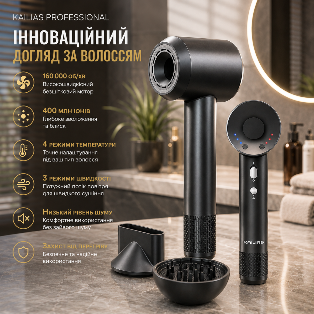 Фен для волос Kailias Professional: 160 000 об/мин, 400 млн ионов, 4 режима тепла, диффузор и концентратор (Черный) Киев - изображение 11
