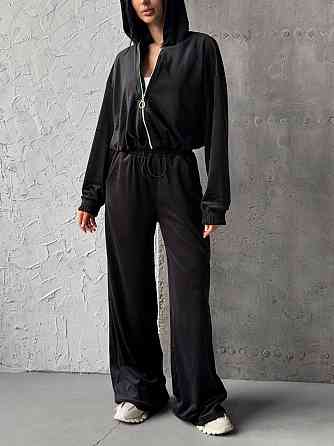 Женский прогулочный костюм двойка: кофта и штаны турецкий велюр Черный, 42/44 Одесса