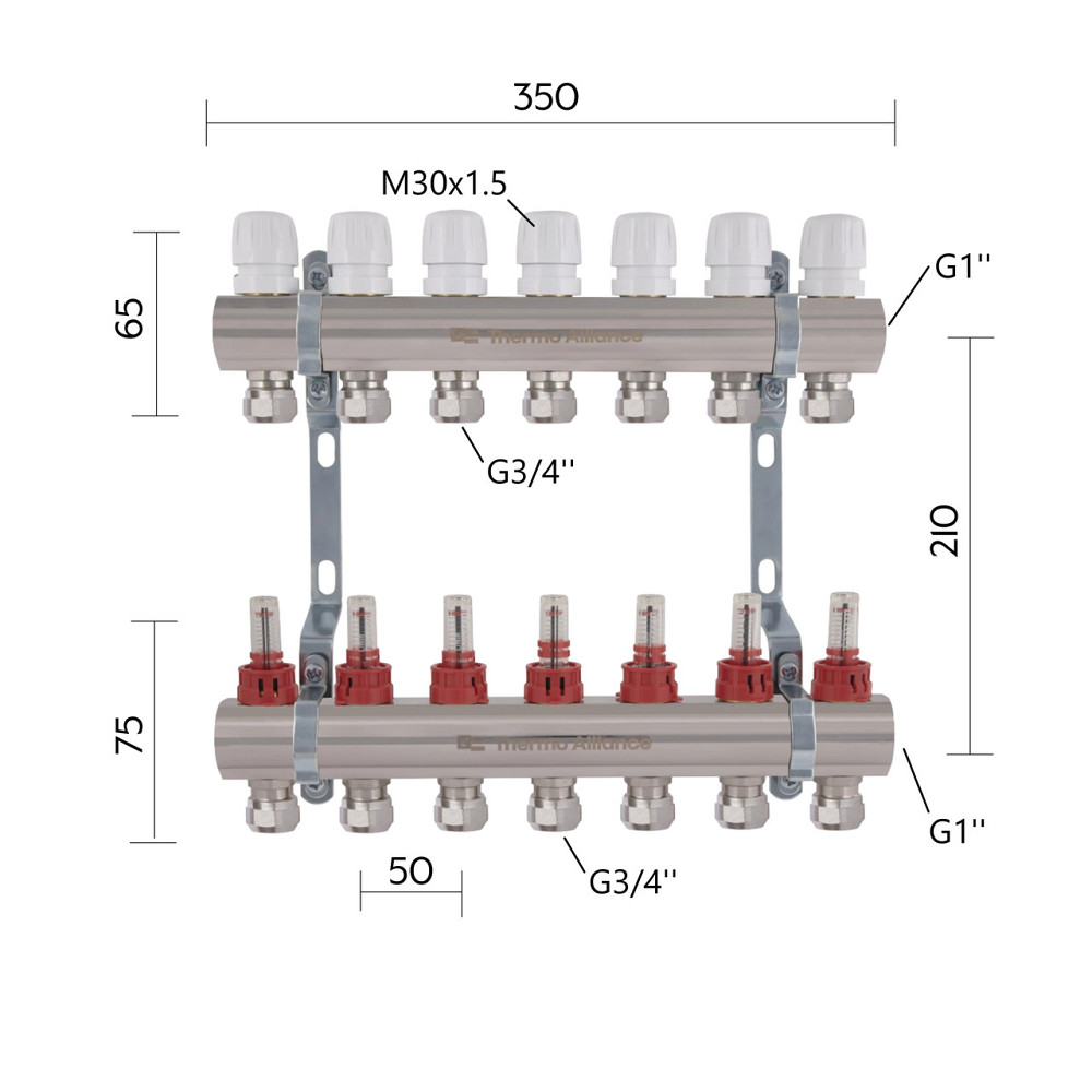 Коллектор латунный с расходомерами и евроконусами Thermo Alliance Standart 1