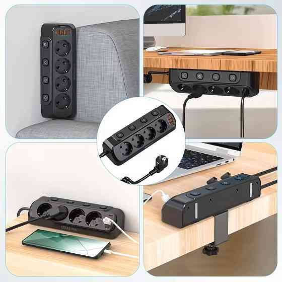 Мережевий фільтр 20Вт, 1.6м (2хUSB-A, 2хType-C, 4х220В) / Електричний подовжувач з тримачем для столу Київ