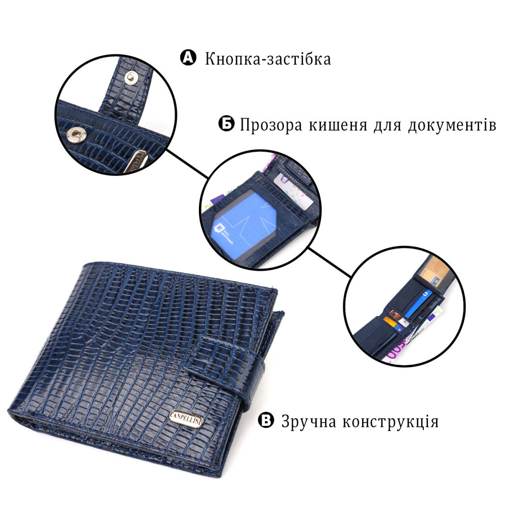 Зручний горизонтальний гаманець для чоловіків із натуральної шкіри з тисненням CANPELLINI 21887 Синій Київ - фото 4