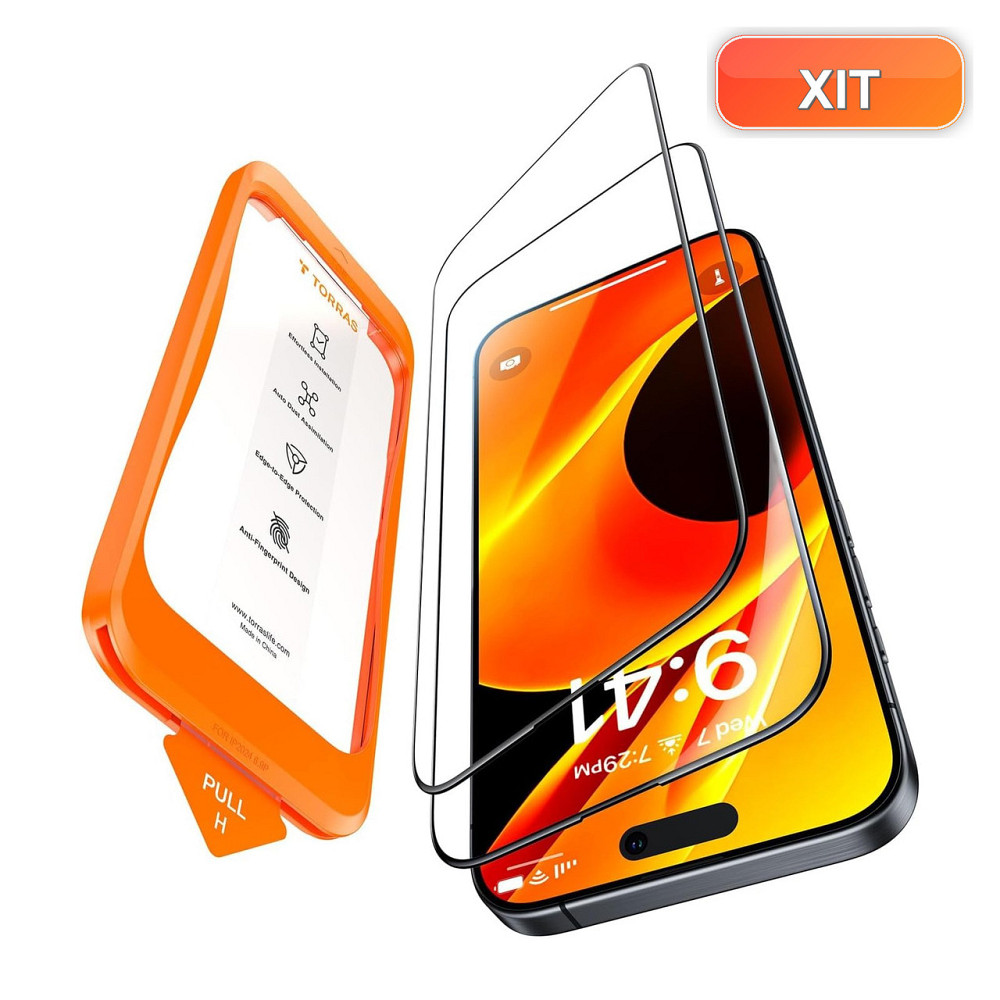 Защитное стекло TORRAS iPhone 15 Pro Max 6.7 дюйма 9H полное покрытие антиотпечатки автоустановка черное 2 шт Киев - изображение 1