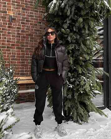 Жіночий теплий прогулянковий костюм-двійка з кантом тринитка на флісі Чорний, 46/48 Одеса