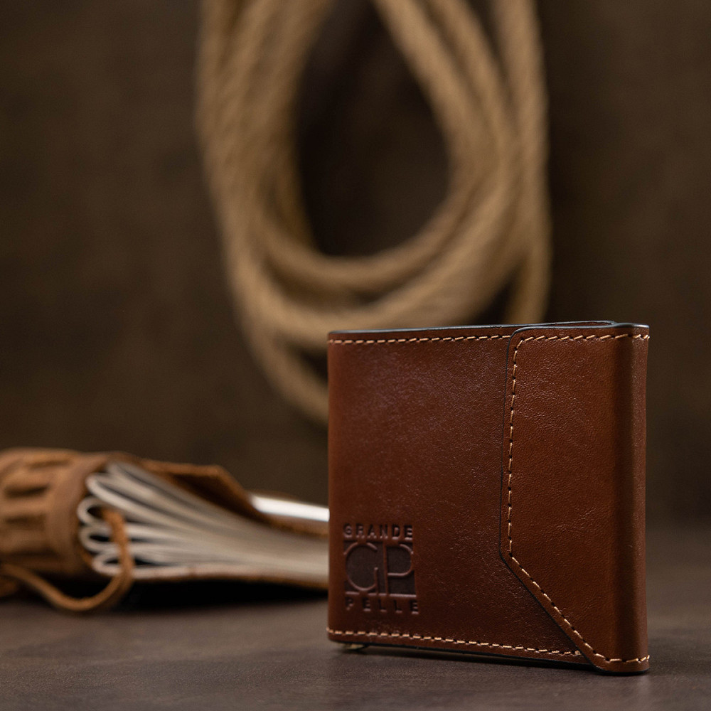 Мужской вместительный зажим для денег GRANDE PELLE 11522 Коричневый Киев - изображение 7