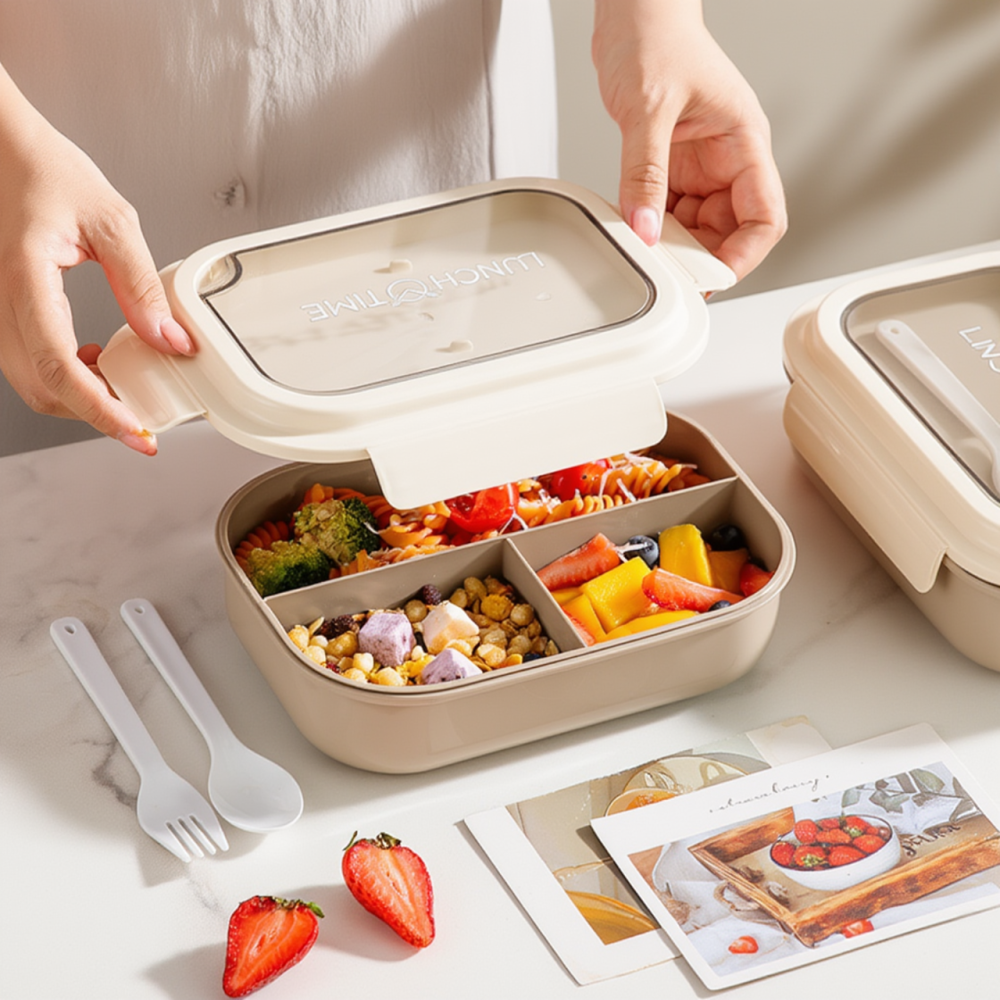Контейнер,ланч бокс для горячей и холодной еды с отдельными отсеками и столовыми приборами для пищи,бежевый Каменец-Подольский - изображение 1