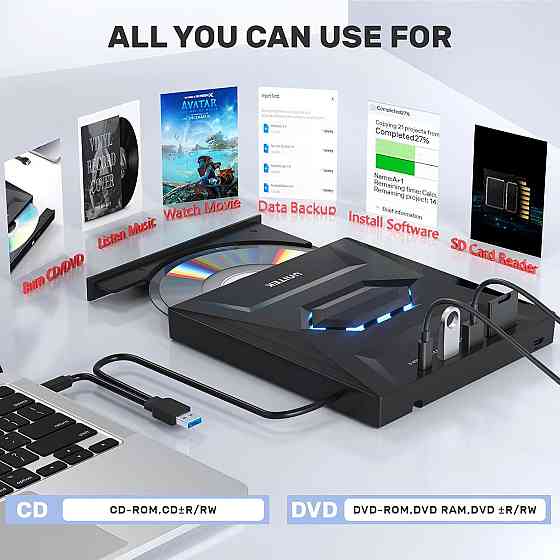 Зовнішній CD/DVD привід UNITEK T037A з 2*USB, Type C та слотом для карт SD Луцьк