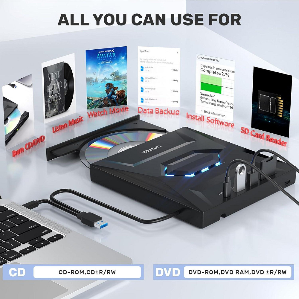 Зовнішній CD/DVD привід UNITEK T037A з 2*USB, Type C та слотом для карт SD Луцьк - фото 3