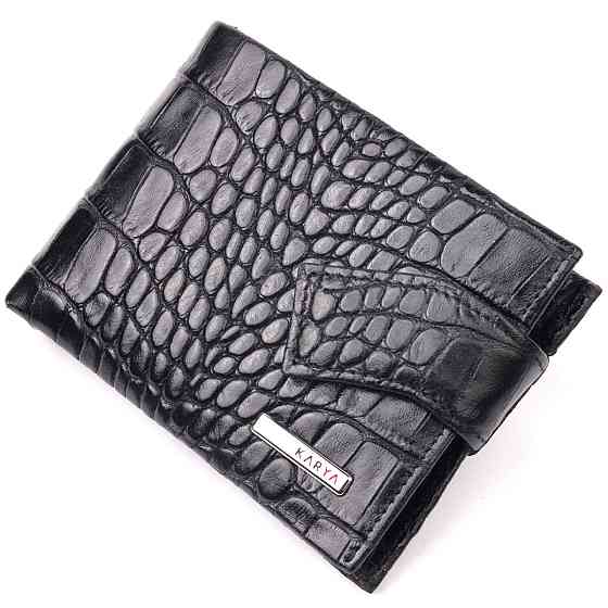 Превосходный мужской зажим из натуральной лакированной фактурной кожи под крокодила KARYA 21043 Черный Киев