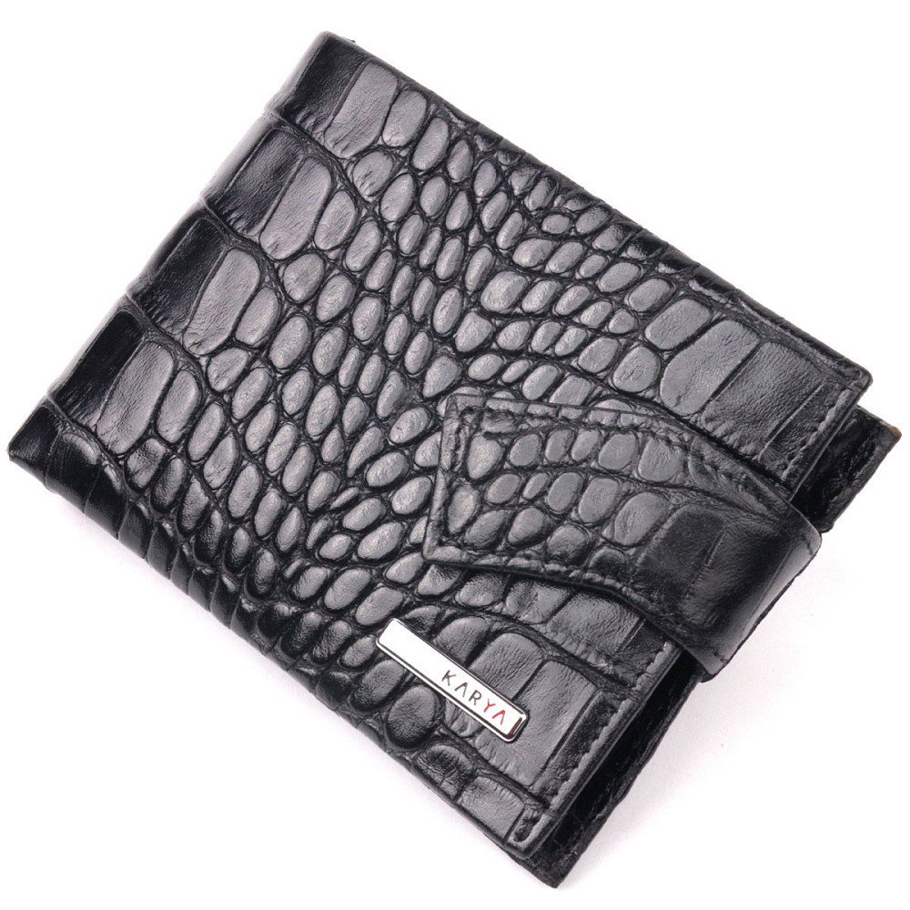 Чудовий чоловічий затиск із натуральної лакованої фактурної шкіри під крокодила KARYA 21043 Чорний Київ - фото 1