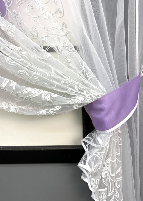 Кухонні шторки VR-Textil № 101к з підв'язками бузковий з білим 330х170 см (52-1196) Київ - фото 4