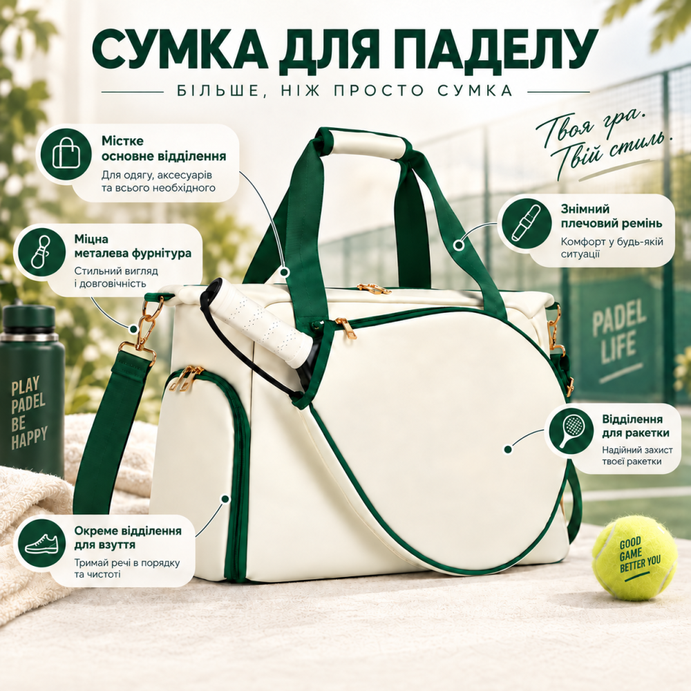 Сумка для паделу тенісна для тренування зберігання форми, спортивного інвентарю на корті бежевий Q24-003-1 Кам'янець-Подільський - фото 1