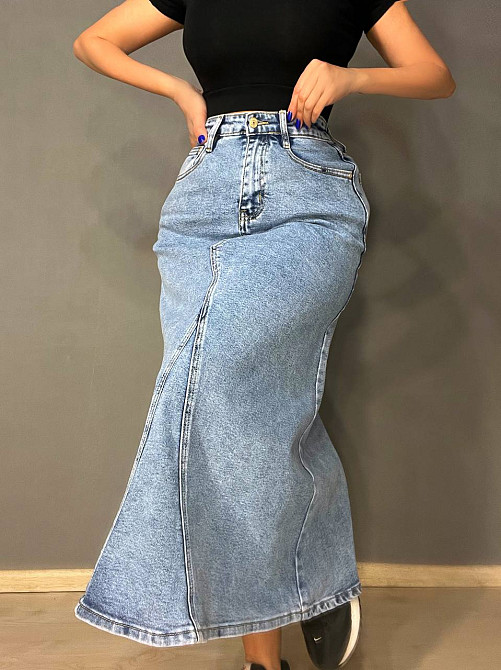 Спідниця жіноча джинсова Moss 501 довга трапеція з клином блакитна, блакитний, 26, 26, 73 см, 97 см Київ - фото 1