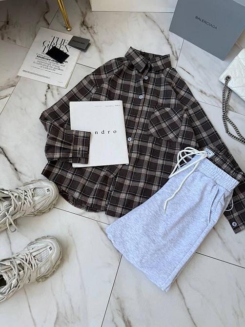 Женский повседневный костюм двойка: рубашка в клетку и штаны фланель + двунитка Шоколад, 48/52 Одесса - изображение 1