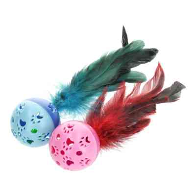 Игрушка для кошек Hippie Pet Мячики пластиковые с перьями разноцветные 18 см 2 шт (HIPCT22037) Винница