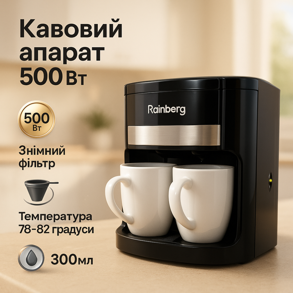 Кофеварка для дома настольная компактная Rainberg RB-613, Кофеварка на две чашки для дома SR-16 Львов - изображение 14