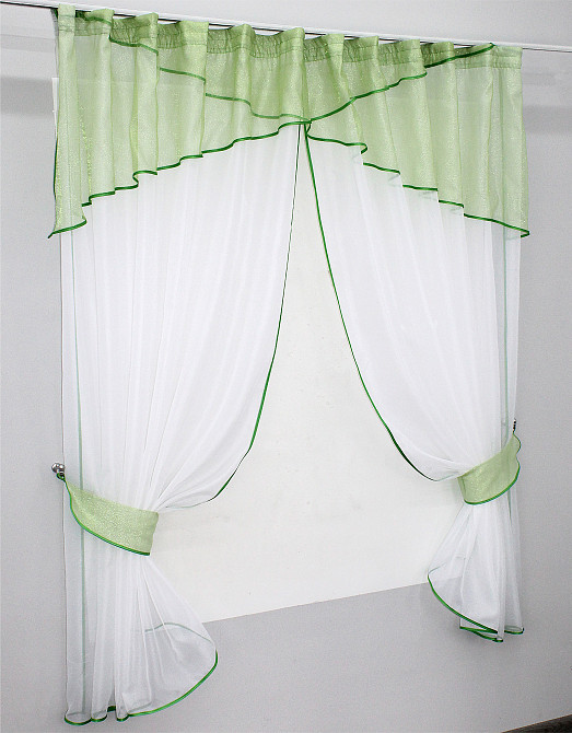Кухонні штори VR-Textil № 091к з ламбрекеном і підв'язками салатовий з білим 280х160 см (59-619) Київ - фото 2