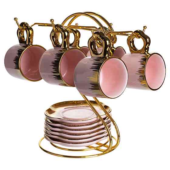 Набір чашок для кави на металевій підставці 6 (шт) по 100 (мл) подарунковий кавовий сервіз набір чашок Розовий із золотом FM-48 Коломия