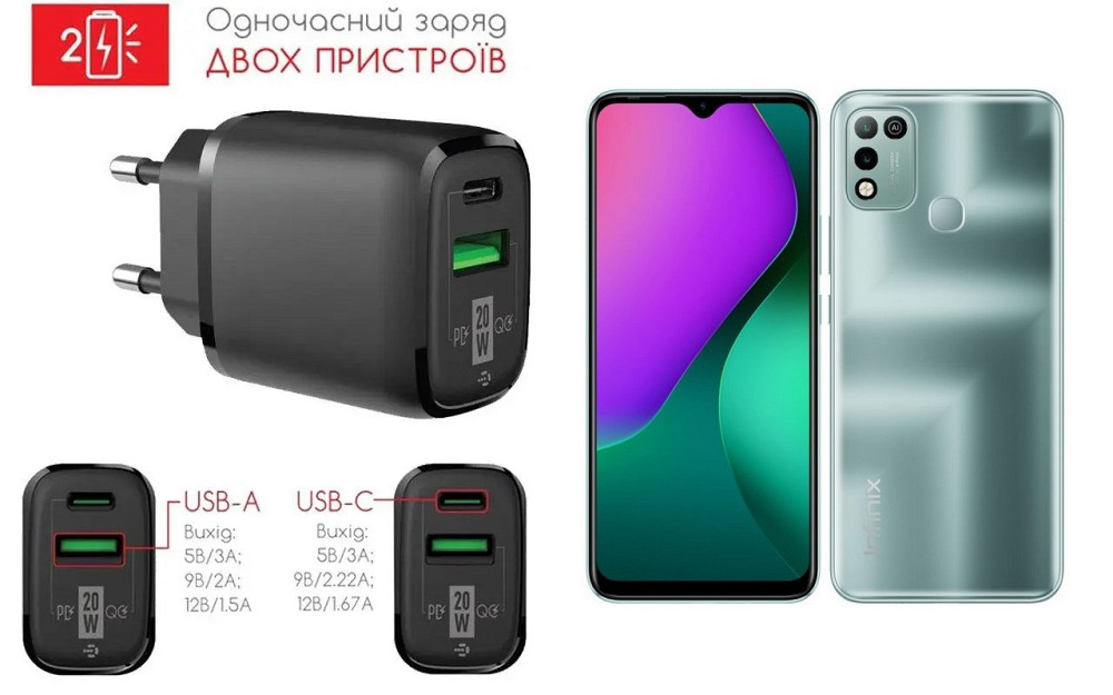 Мережевий зарядний пристрій для Infinix Hot 10 Play, 20W 3A, Quick Charge 3.0 Київ - фото 1