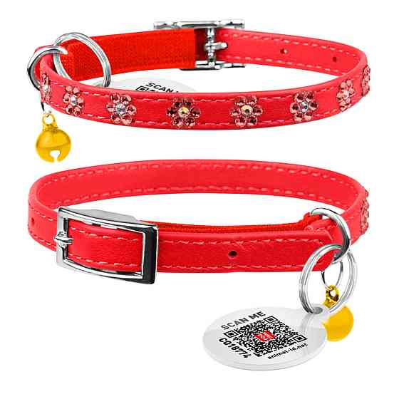 Нашийник WAUCAT Glamour з резинкою, клейовими стразами "Квітка" для котів (ширина 9мм, довжина 22-30см) червоний Київ