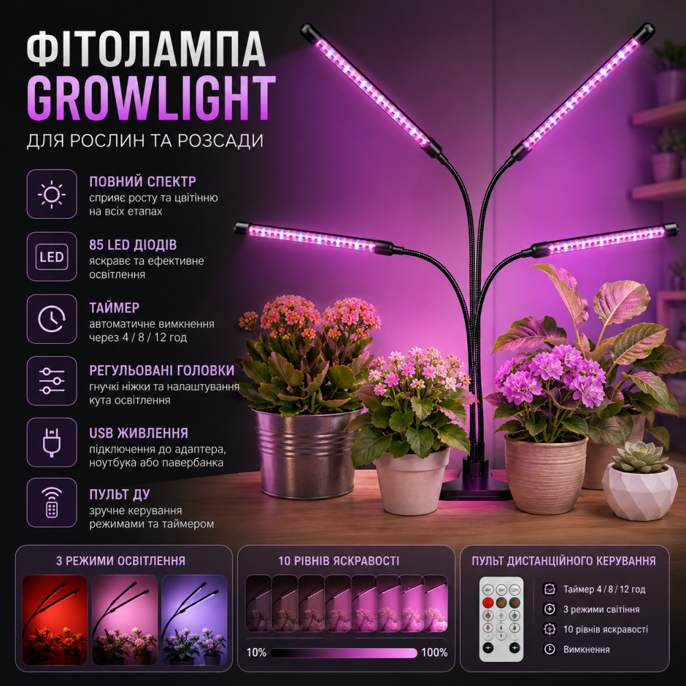 Світлодіодна фітолампа GrowLight 85 LED 4 головки Full Spectrum з таймером 4/8/12 год, пультом, регульованим штативом USB Київ - фото 10