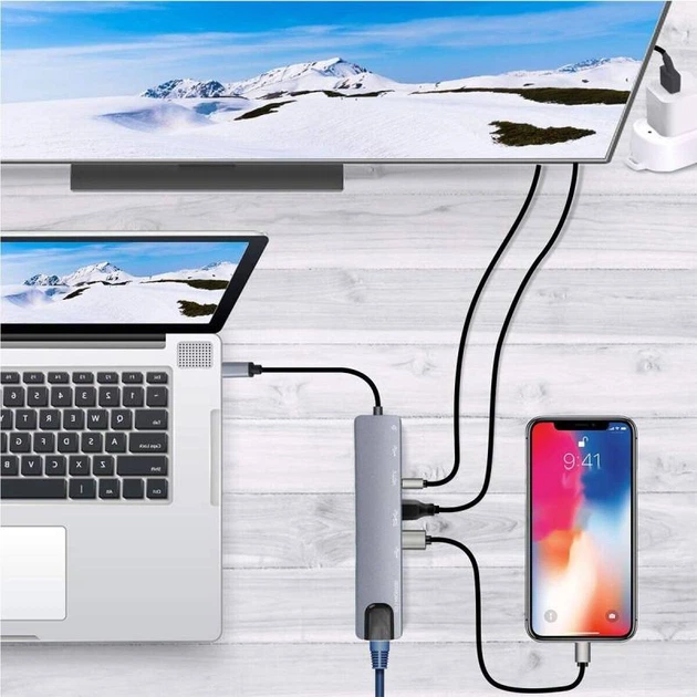 Многофункциональный USB Type-C хаб 8 в 1 с HDMI 4K, PD 87W, RJ45 Ethernet, USB 3.0, USB-C 10Gbps, SD/TF кардридер Киев - изображение 9