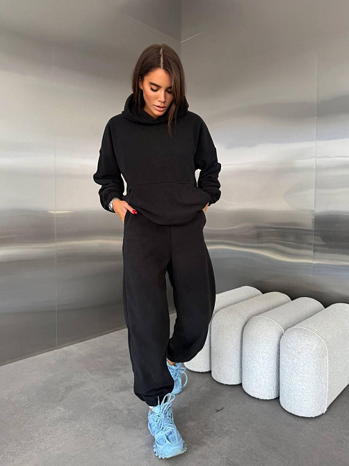 Жіночий теплий прогулянковий костюм: худі та штани двосторонній фліс Чорний, 46/48 Одеса - фото 15