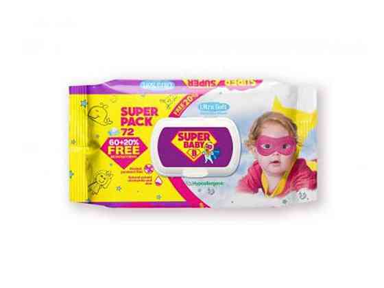 Вологі серветки SuperPack ромашка та алоє, 72 ш ТМ Super Baby Київ