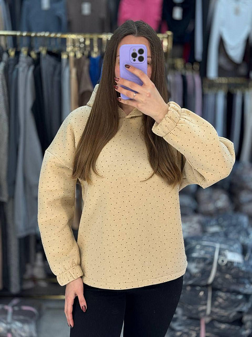 Женский утепленный блестящий худи со стразами трехнитка на флисе Бежевый, 46/48 Одесса - изображение 2