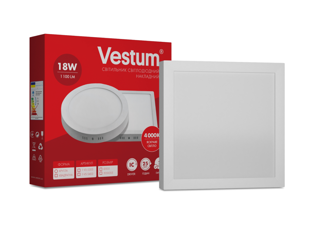 Квадратний світлодіодний накладний світильник Vestum 18W 4000K 220V 1-VS-5403 Дніпро - фото 1